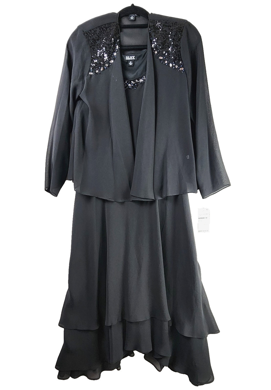 SLNY Black Formal Dress & Jacket Set, 8P Ruffled Skirt, Sequin Shoulder Detail